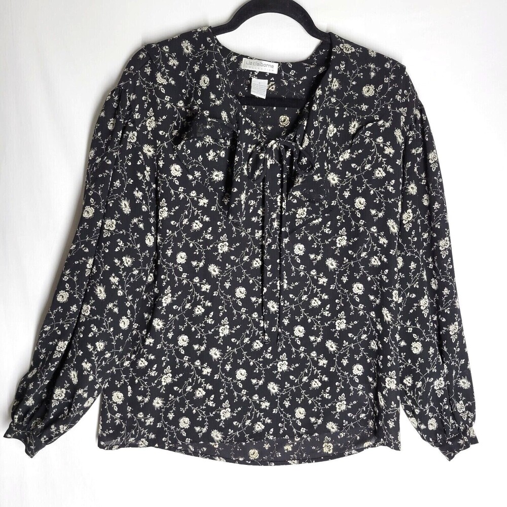 Liz Claiborne Women's Shirt Black Floral Ruffle Tie Neck Long Sleeve Size 6